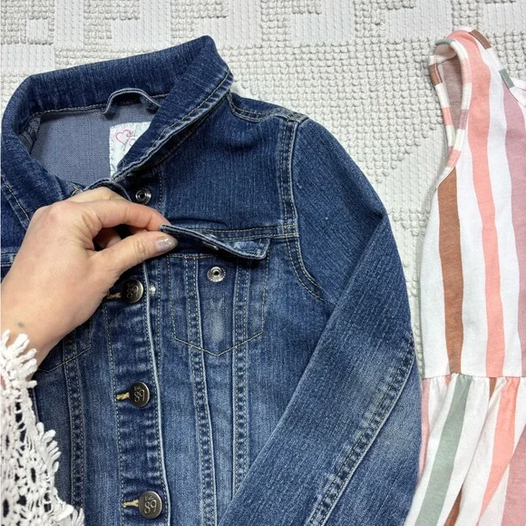 The Children's Place Blue Denim Jacket with Pink, Green & Brown Striped Dress - Picture 5 of 13